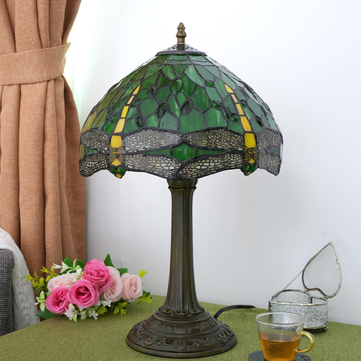 wecrejoni Tiffany Lamp Green Dragonfly Stained Glass Table Lamp 12X12X18 Inches Green Dragonfly Style Desk Reading Light Decor Beside Bedroom Living Room Home