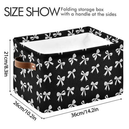 Wamika Black White Bow Storage Basket with Waterproof Liner and PU Handles Coquette Bowknot Storage Bins Boxes 14.2" Collapsible Decorative Organizer Baskets for Bedroom Closet Office 1 Pack