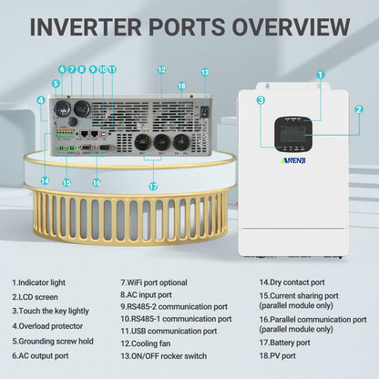 6500W Hybrid Solar Inverter 48V,Dual MPPT,300V 60A Charger,Split Phase 120V,Support Parallel Pure Sine Wave Off-Grid+On-Grid Inverter for Home Loads,Lead Acid/Lithium Battery Compatible