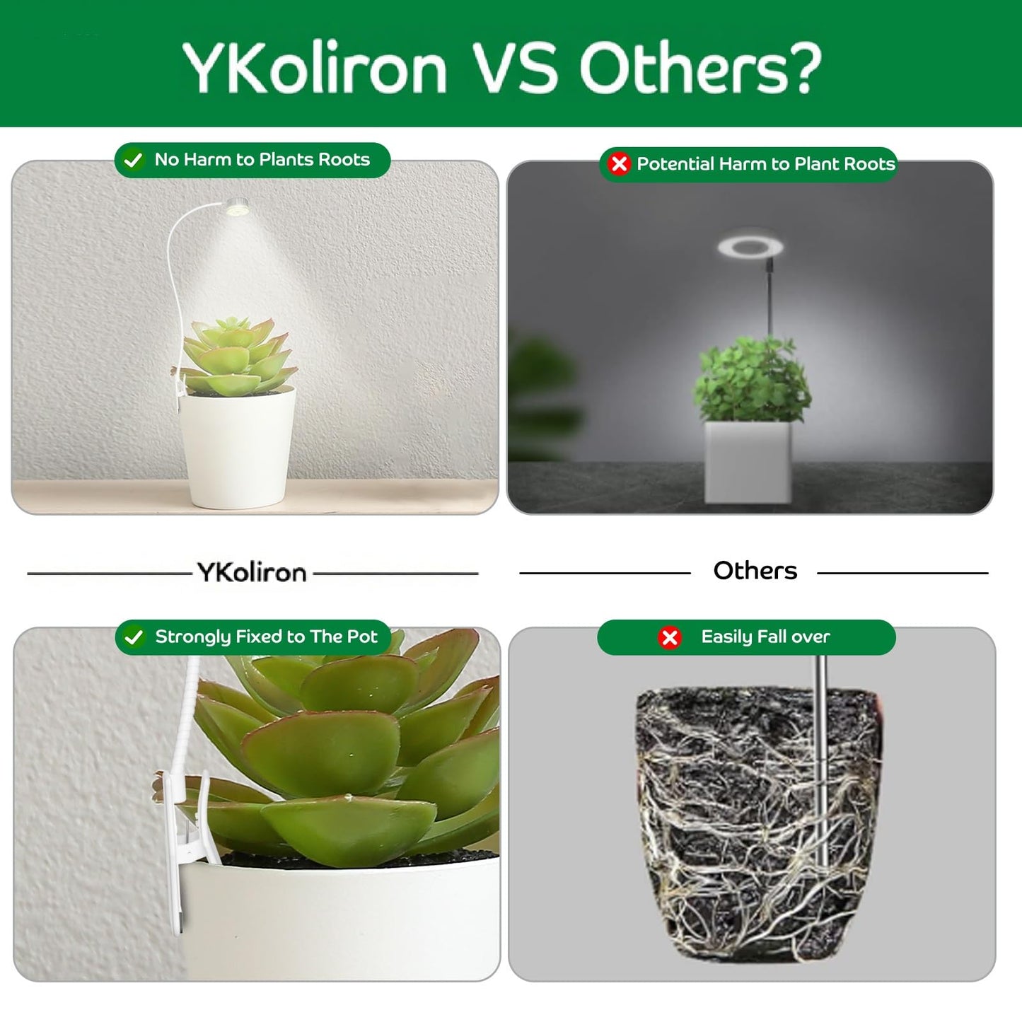 YKoliron Grow Lights for Indoor Plants, Clip on Full Spectrum Plant Light, Plant Grow Lights Indoor with Adjustable Gooseneck and 10-Level Dimming, 3/9/12H Timer for Office Home (2 Packs)