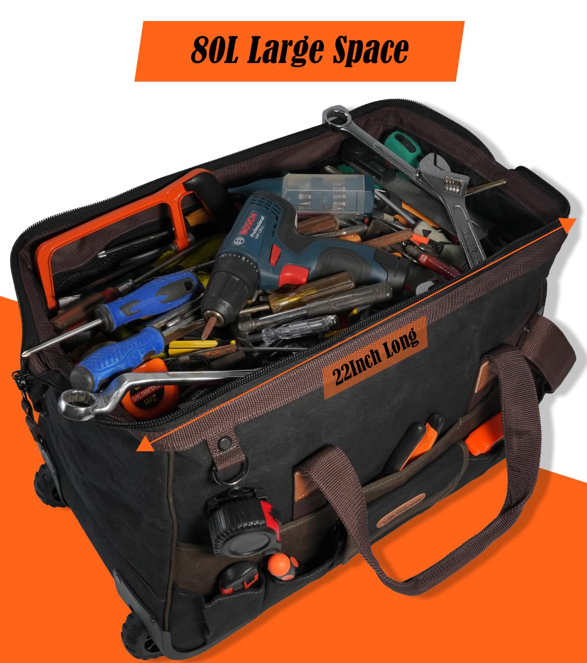 WELKINLAND 48Pockets Tool Bags With Wheels, 22Inch Rolling Tool Bag, Waxed Canvas Tools Bag Rolling Heavy Duty, Large Roll Tote For HVAC, Technician Rolling Tool Bag, Rolling Electrical Tools Bag