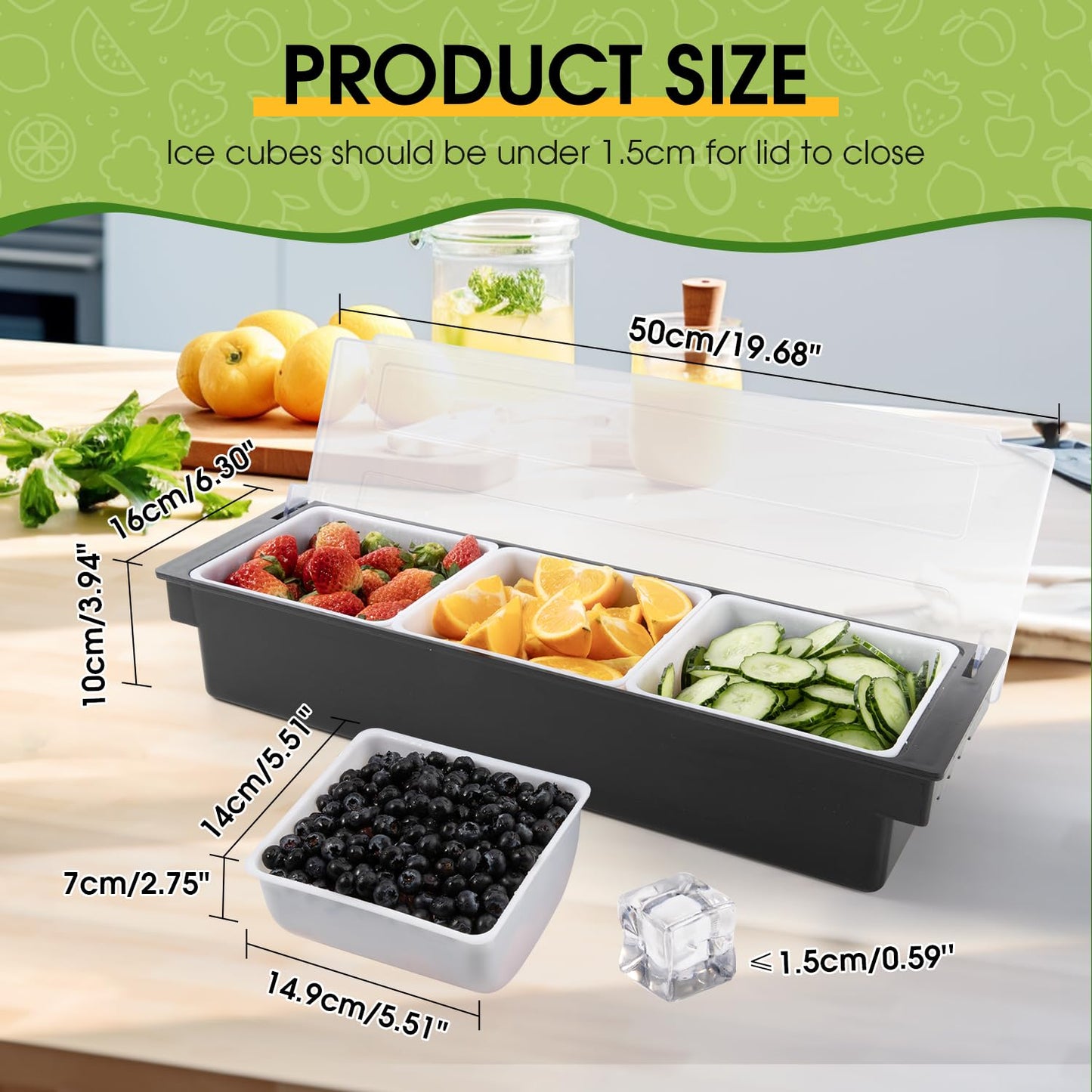 POWLAB Ice Cooled Condiment Serving Container Fruit Veggie Condiment Caddy Plastic Garnish Station with Lid for Fruit,Ice Cream,Salad Bar-Topping Organizer for Restaurant Supplies (3 Compartments)
