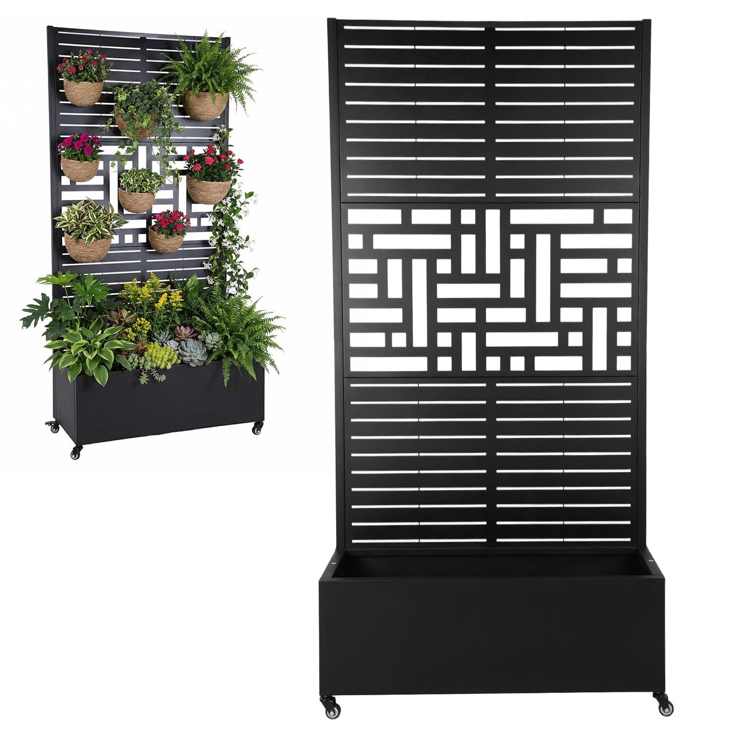 FASDRESS Metal Planter Box with Trellis Standing Planter Box for Climbing Plants/Vines Raised Garden Bed On Wheels 70.87x35.43x15.75 Inch (01)