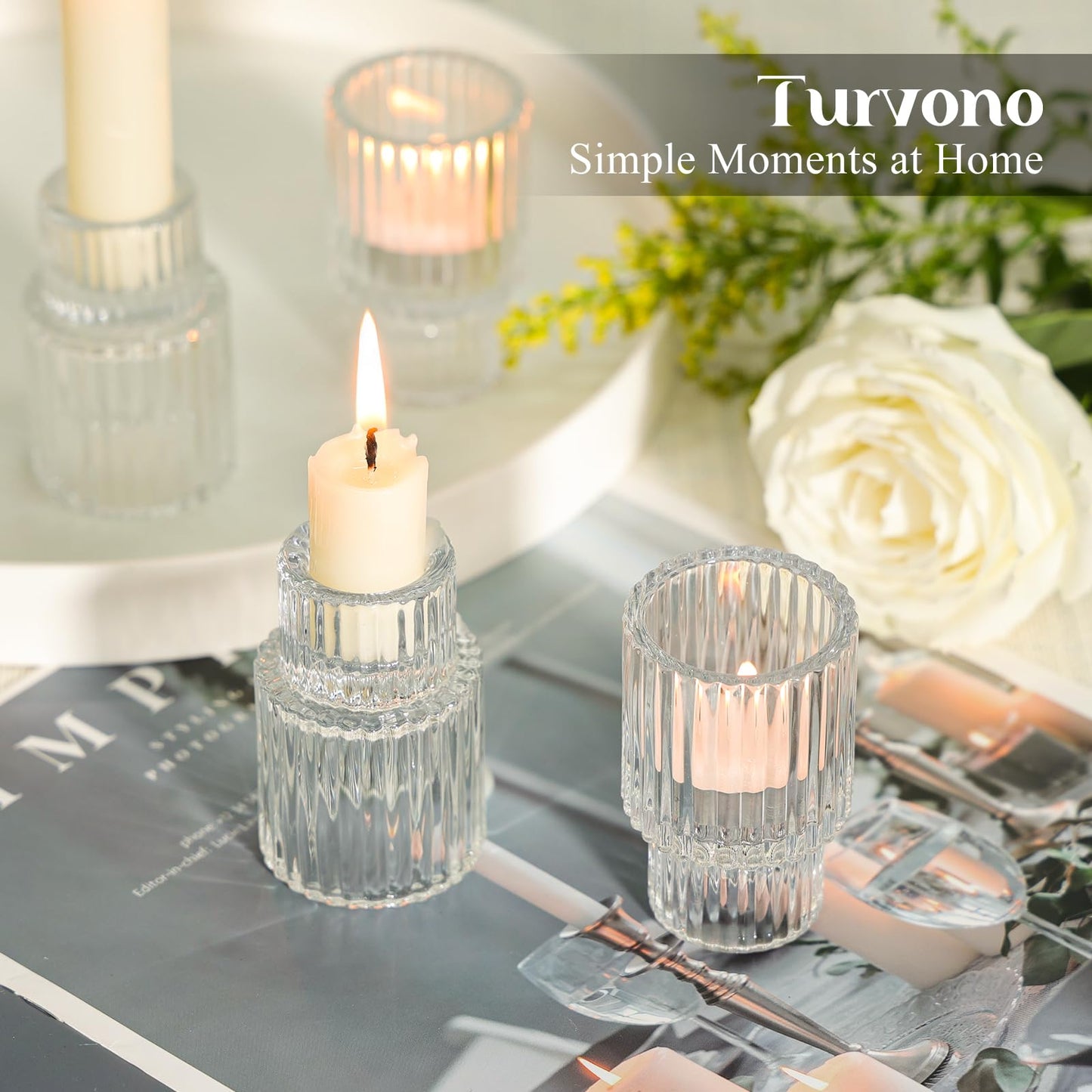 Turvono Clear Glass Taper Candle Holders Set of 12, Small Tapered Candlestick Holders in Bulk, Modern Short Candle Sticks for Dining Table Centerpiece Wedding Christmas Party & Holiday Decorations