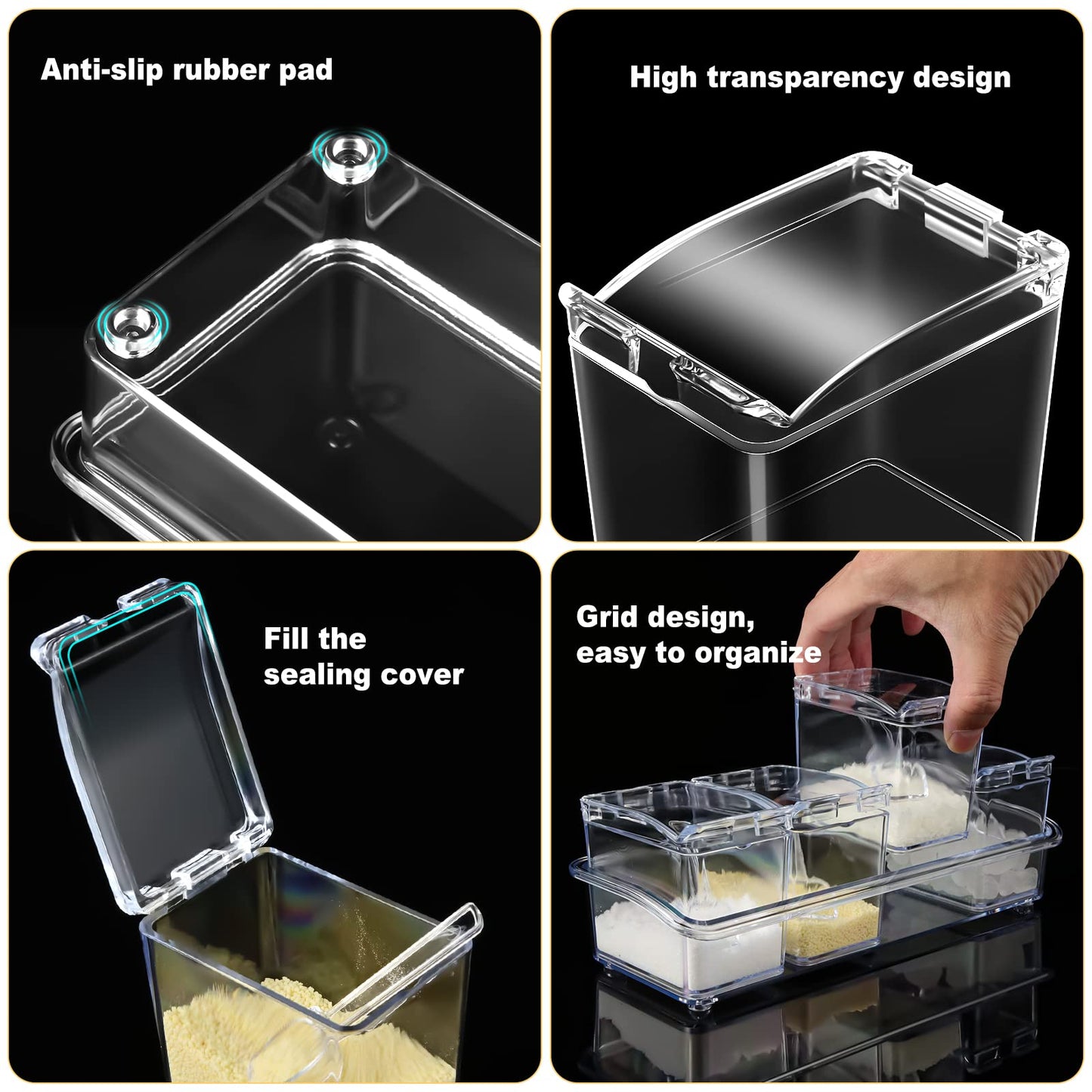 Bokon 4 Set Acrylic Seasoning Box with Spoons, 16 Compartments Clear Spice Organizer, Kitchen Condiment Containers with Lids for Salt, Sugar, Candy