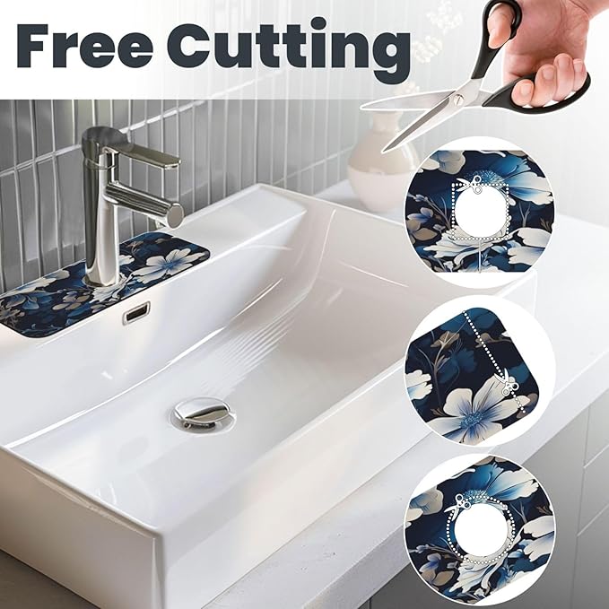 Blue flowers Kitchen sink faucet pad, strong water absorption, anti slip