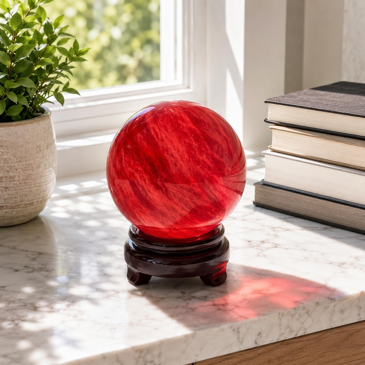 Lodkksg Red Crystal Ball(90mm-3.54 inches) with Display Stand—Natural Ruby Sphere for Decoration and Divination