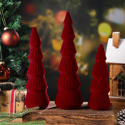 Bucherry 3 PCS Velvet Christmas Tree Figurines Decoration - 8" 10" 14" Modern Cone Christmas Tabletop Home Rustic Centerpiece Set for Winter Holiday Mantel Entryway Party Decor(Burgundy)