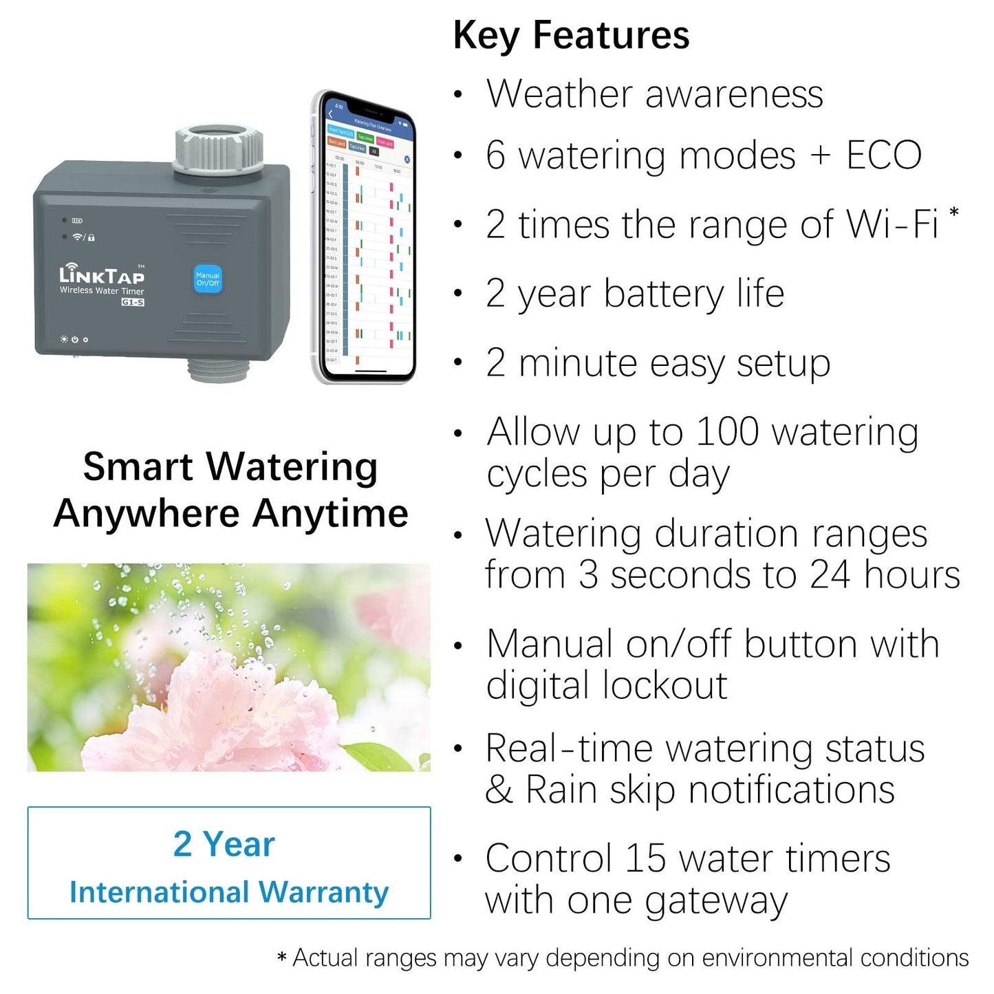 LinkTap G1S Wireless Water Timer (Gateway Not Included), Smart Irrigation Controller for Lawns & Gardens, Easy Install, Weather Aware, Greater Range than WiFi, App & Smart Assistant, IP66 Waterproof