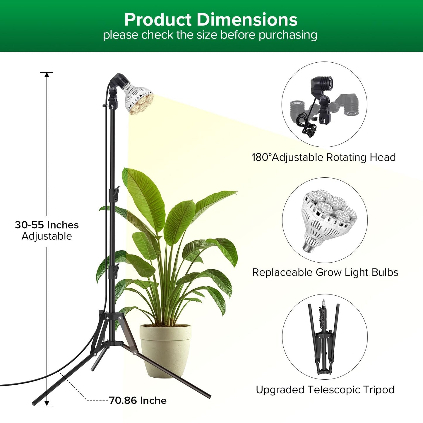 SANSI Grow Lights for Indoor Plants, 40W Plant Lights for Indoor Growing Full Spectrum(600W Equiv), Tripod Standing Adjustable 30"-55" Plant Lamp with 4-Level Dimmable, Auto On Off 4 8 12 Hrs Timer