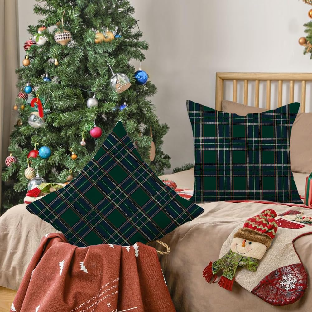 RABUSOFA Christmas Pillow Covers 18x18 Inch Set of 2 Indoor Outdoor Waterproof Scottish Tartan Plaid Classic Throw Decorative Cushion Cases for Christmas Decor Decorations Couch Patio Dark Green