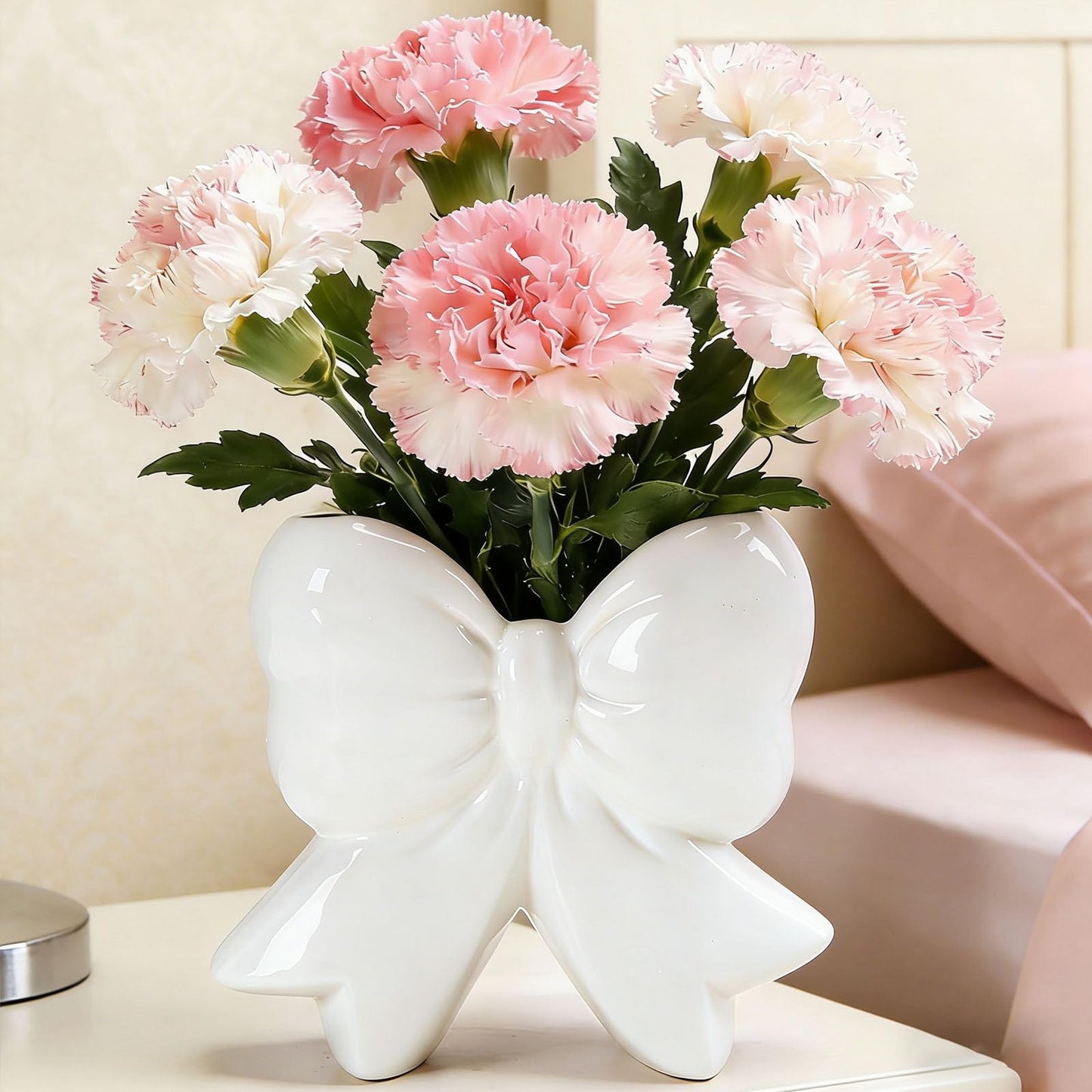 Disoza Bow Vase White Ceramic Vase Flower Cute Decorative Minimalist Farmhouse Beige Flowers Tulip Pampas Grass Modern Home Decor for Table Bathroom Shelf