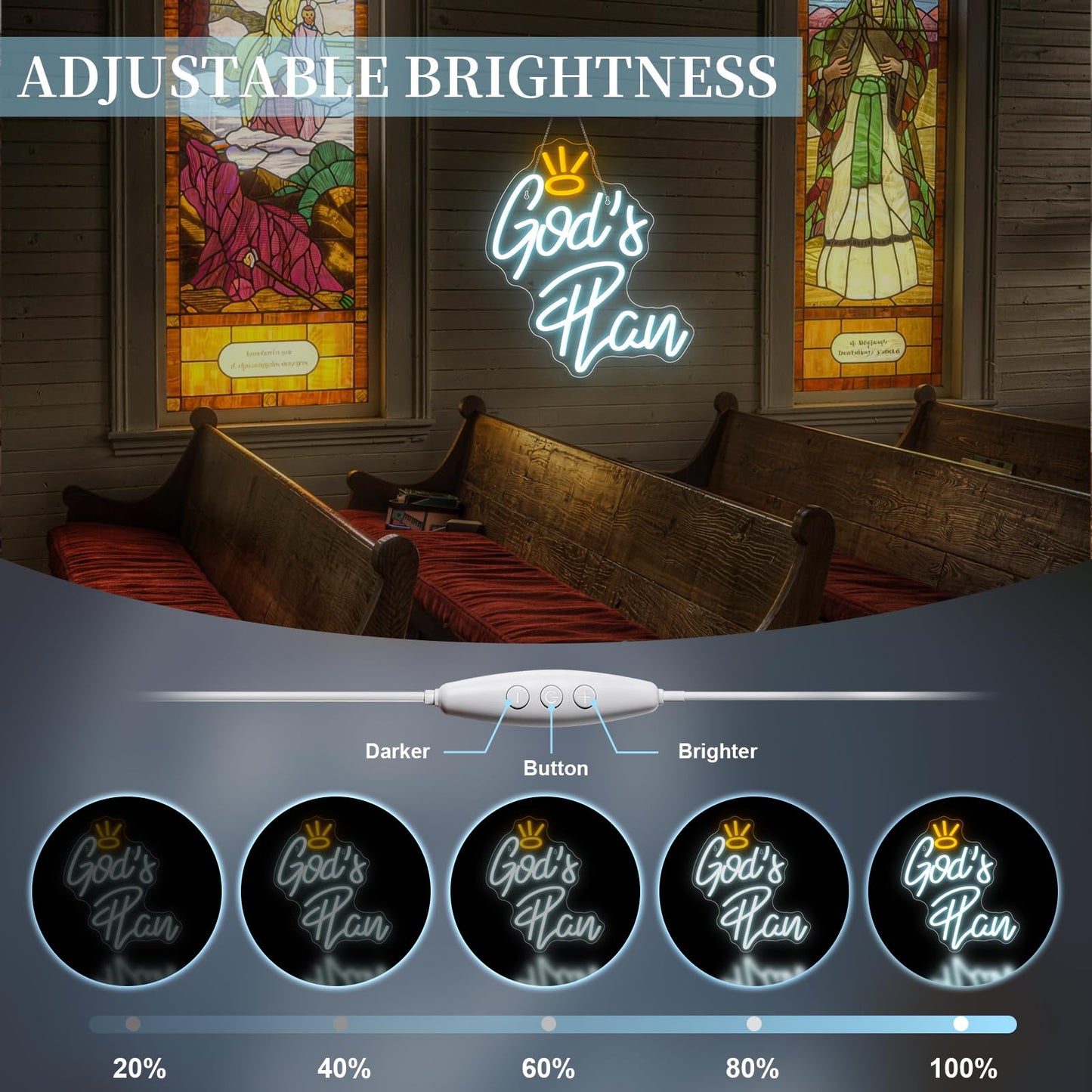 WLHOPE God's Plan Neon Sign White Led Neon Signs for Wall Decor, God Neon Signs USB Powered Letter Neon Light Signs for Bedroom Living Room Home Bar Wedding Party Decoration