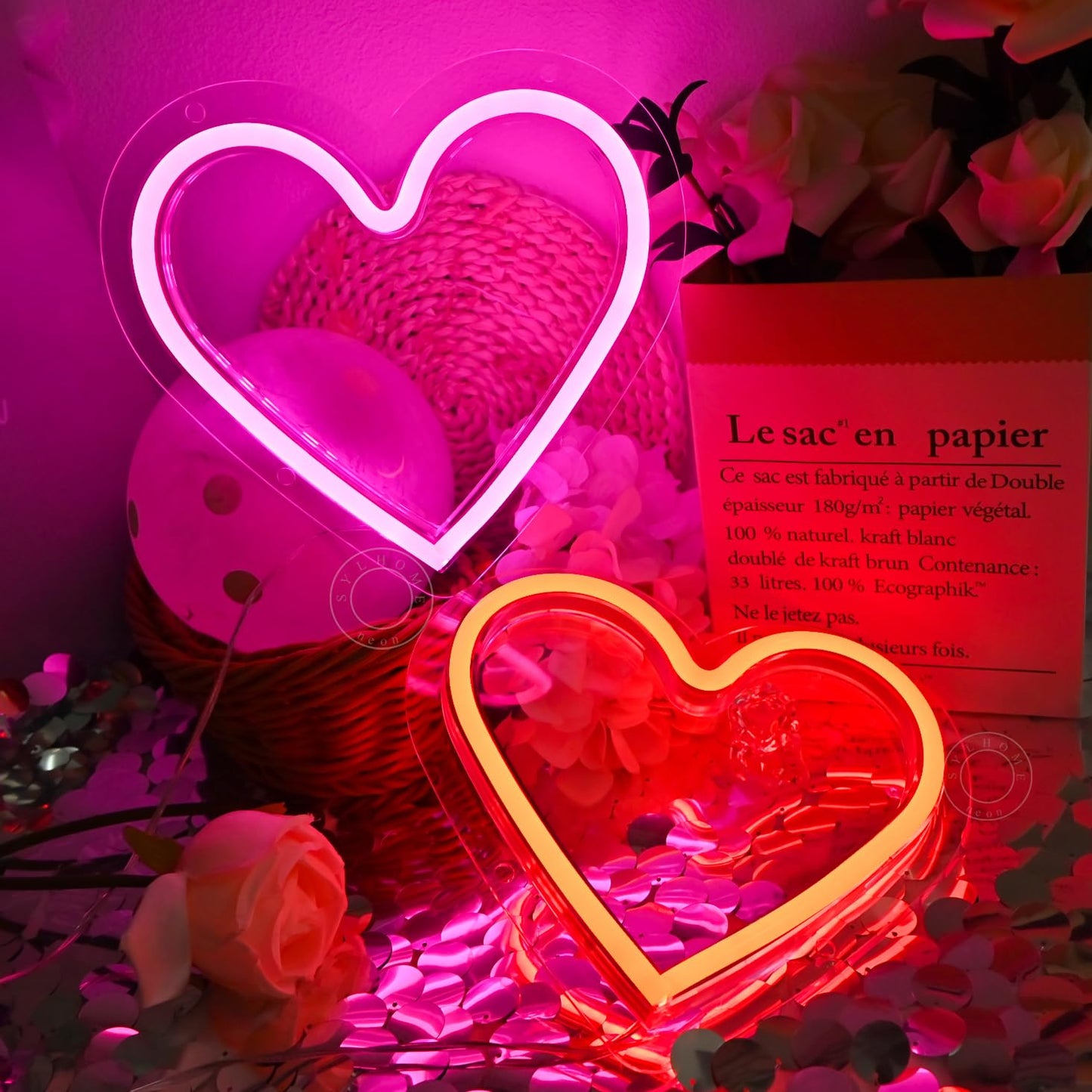 SYLHOME 2 Pack Heart Led Neon Light Sign Battery Operated or USB Powered Bedroom Wedding Wall Sign Decor Valentines Day Christmas Birthday Gifts USB 7.87" X 7.28" Pink & Red