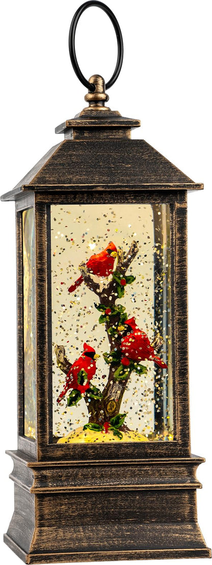 Christmas Snow Globe Lantern Water Glittering 10'' Cardinal with Music & Timer, USB Lined/Battery Operated Lighted Lantern for Christmas Festival Decoration Gifts