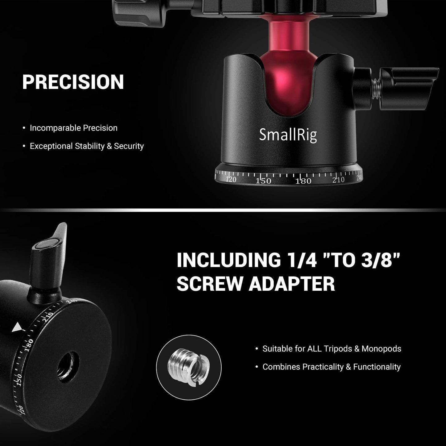 SmallRig Mini Ball Head, Tripod Head Camera 360° Panoramic with 1/4" Screw 3/8" Thread Mount and Quick Release Plate Metal Ball Joint for Monopod, DSLR, Phone, Gopro, Max Load 4.4lbs/2kg - BUT2665