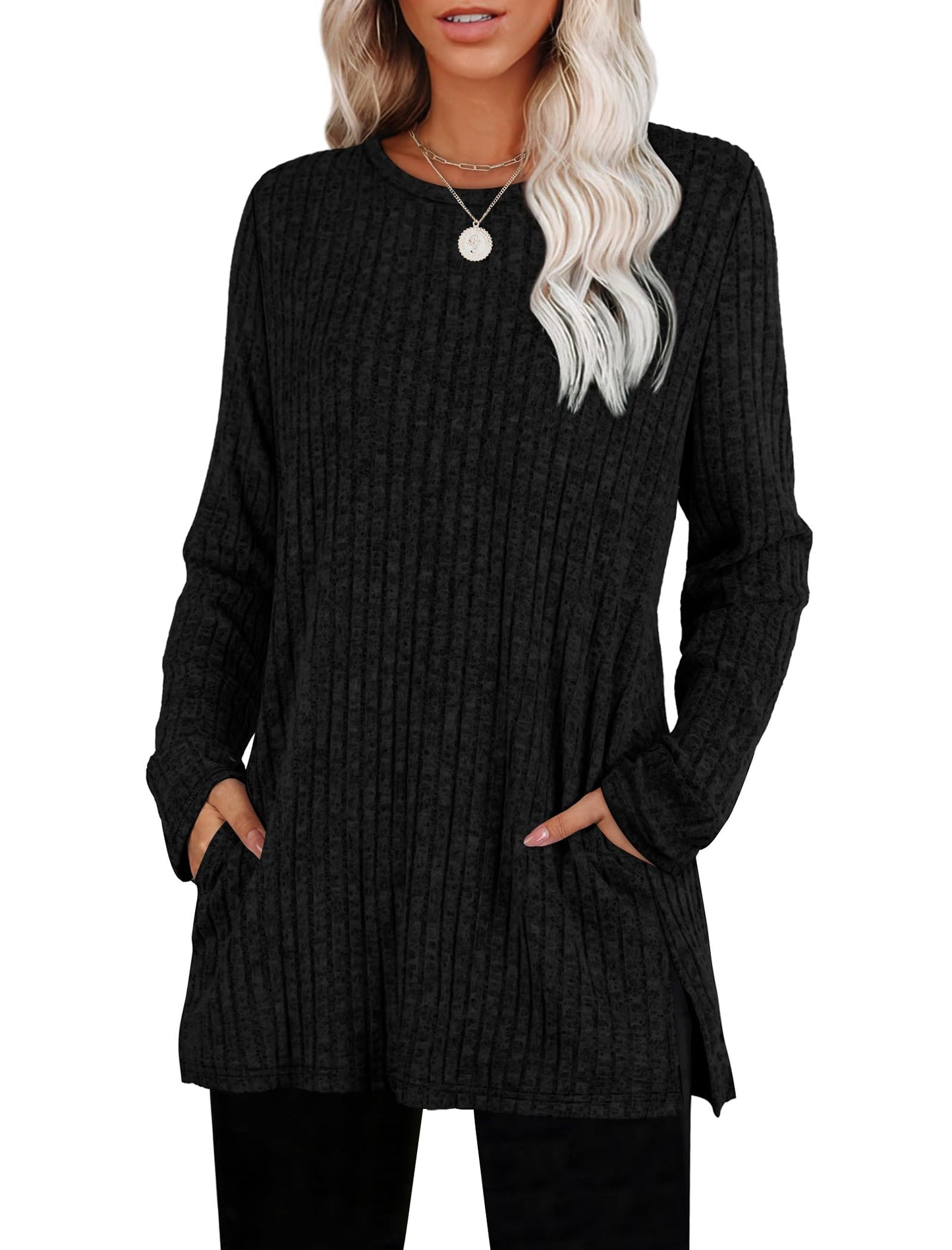 SAMPEEL Womens Sweaters Crewneck Long Sleeve Shirts with Pockets Fall Outfits 2025 Fashion Winter Clothing Side Slit