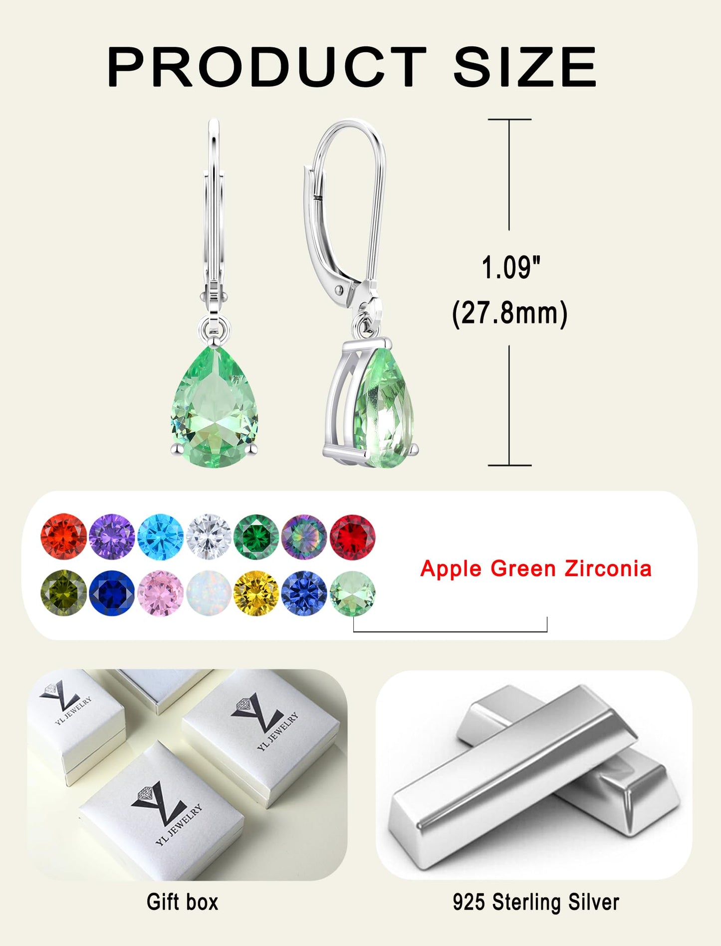 YL 925 Sterling Silver Teardrop Dangle Drop Earrings for Women 7x10 MM Solitaire Apple Zirconia Leverback Jewelry