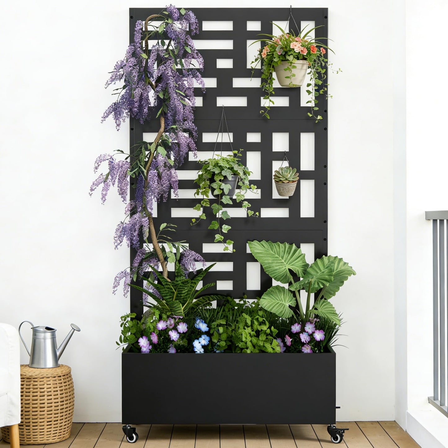 Baotree Metal Raised Garden Bed with Trellis and Wheels, 72"x 35"x 16" Privacy Planters for Patio, Planter Box with Drainage Holes for Climbing Plants, Flower, Vegetable (Black-Helen)