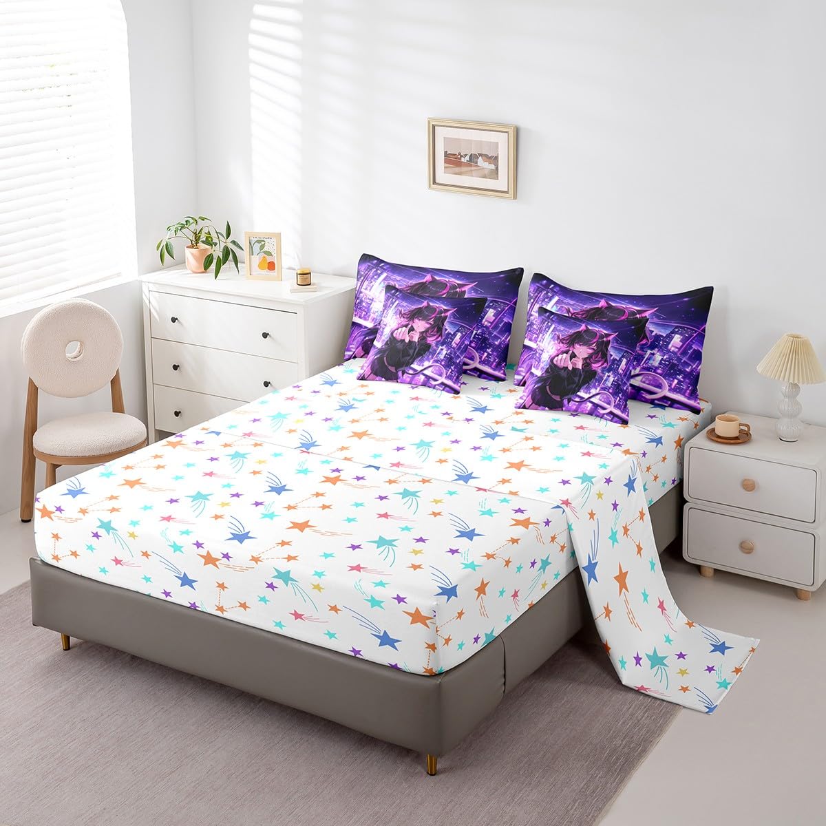 Erosebridal Kids Anime Girl Twin Comforter Set 7 Piece, Japanese Anime Bed in A Bag, Cartoon Girl Bedding Comforter Sets for Boys Teens Bedroom Decor, Kawaii Japanese Animation Bed Set