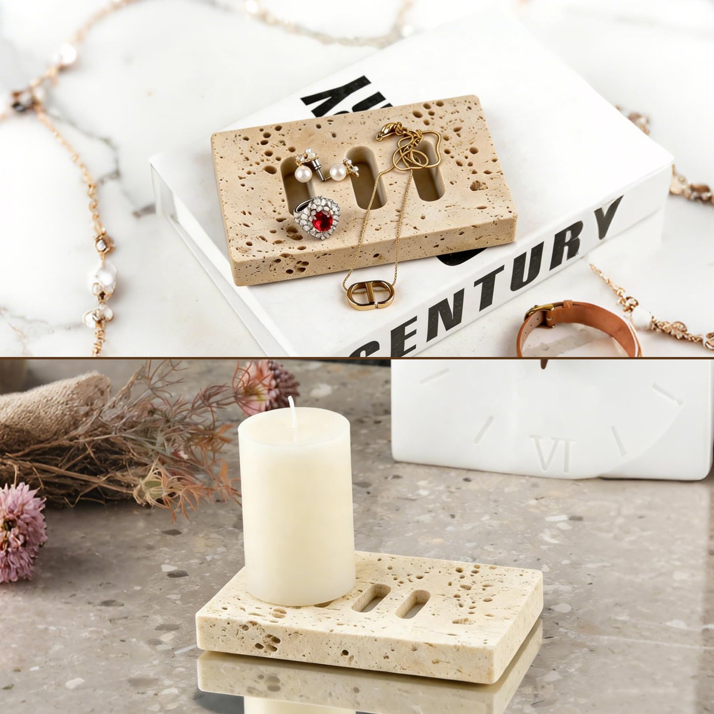 Natural Marble Soap Dish for Shower Stone Tray Small Bar Soap Holder with Self Draining | Non-Slip, Luxury Bath Room Accessories, Sponge Dish Scrubbers Tray for Kitchen Sink Counter Top (Travertine)