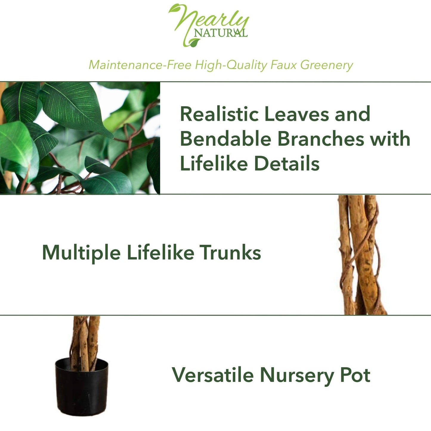 Nearly Natural 36in Triple Trunk Artificial Ficus Tree with Natural Wood Trunks, Fake Tree for Indoor Home Decor, Faux Ficus Plant in Black Nursery Pot