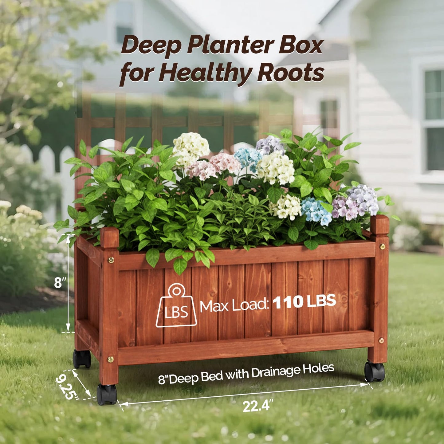 VINGLI 2PC Wooden Planter with Trellis, 50" Height Elevated Garden Beds Outdoor with Wheels, FreeStanding Planter Box with Drainage Holes for Flower, Vegetable, Fruit, Herb in Garden, Patio, Balcony