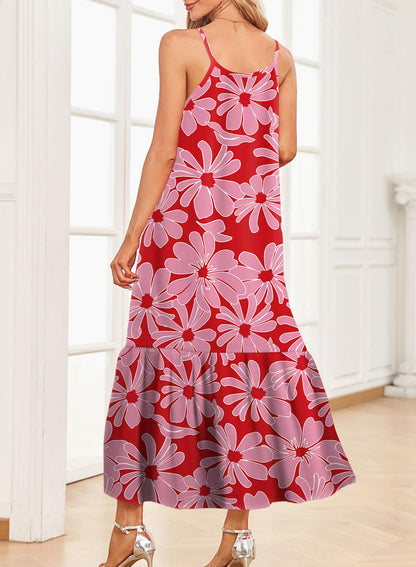 Dokotoo Women Summer Dresses 2025 Spaghetti Strap Scoop Neck Smocked Ruffle Flowy Boho Maxi Dress