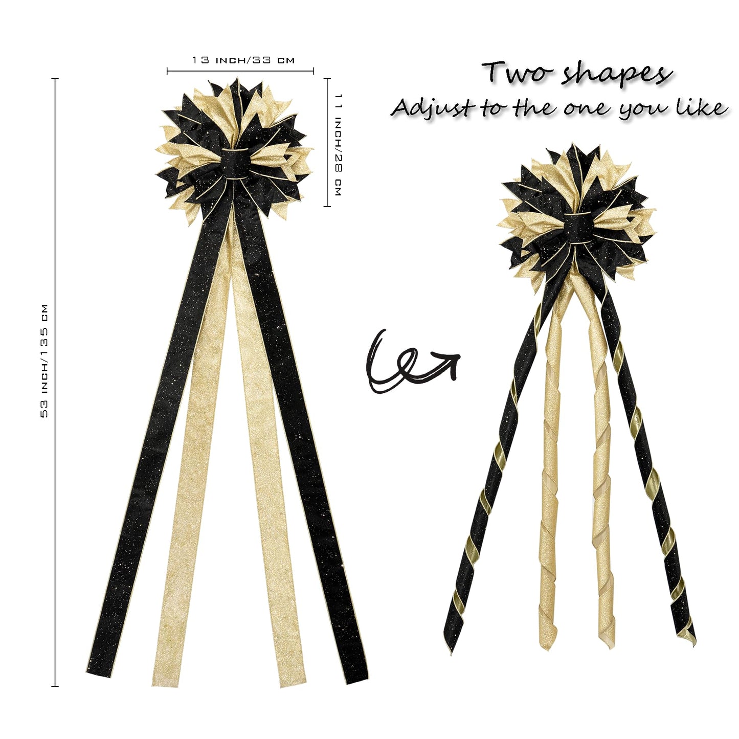Hismir Christmas Tree Topper Bow, 53x13 Inches Large Christmas Bow with Glitter Streamer, Decorative Ribbon Bows for Xmas Tree Wreath Door Festival Home Decor(Black & Gold)
