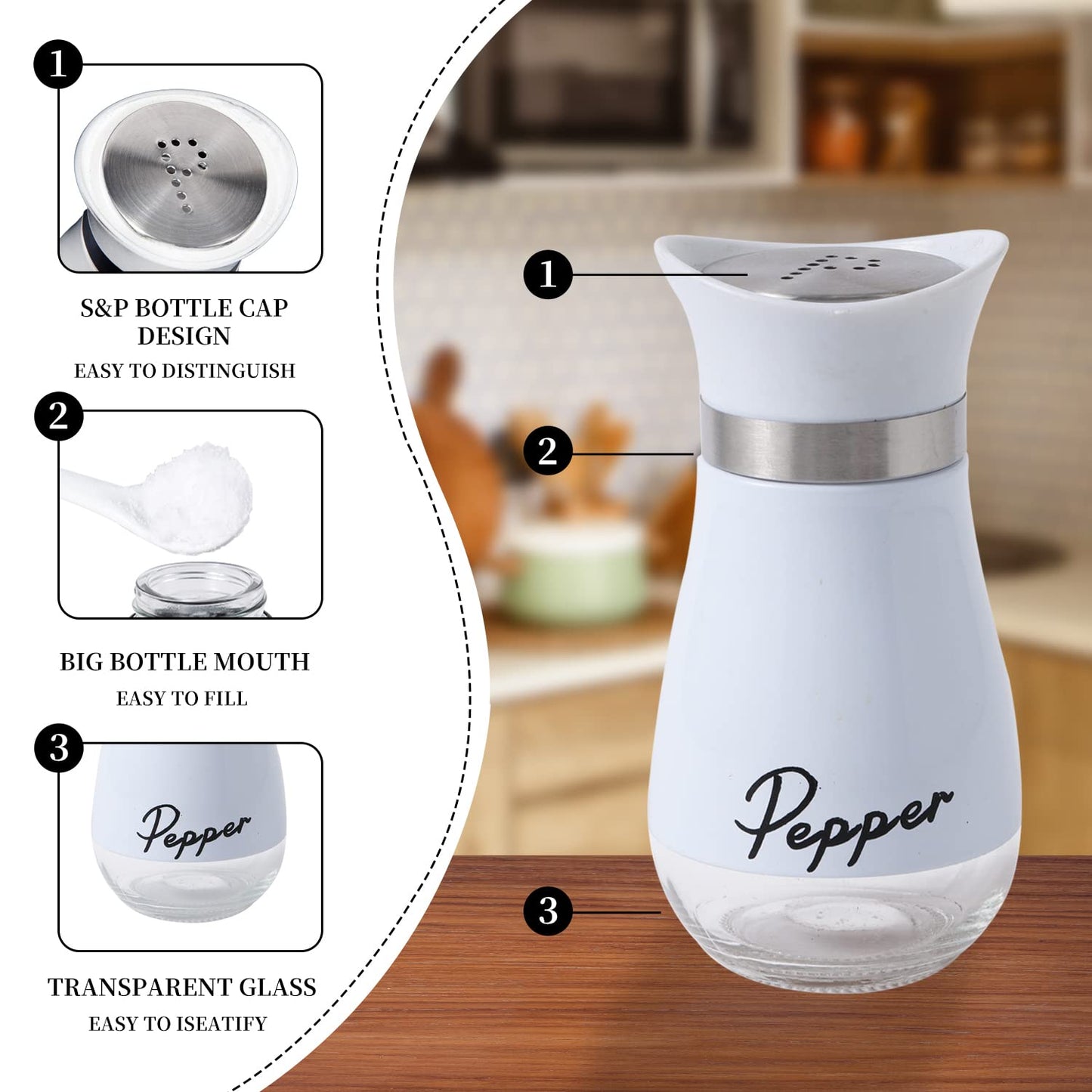 2 Pack Salt and Pepper Shakers Set, Refillable Salt Pepper with Stainless Steel Lid Container Spice Shakers Bottle for Home Kitchen, Restaurant, Picnic (White)