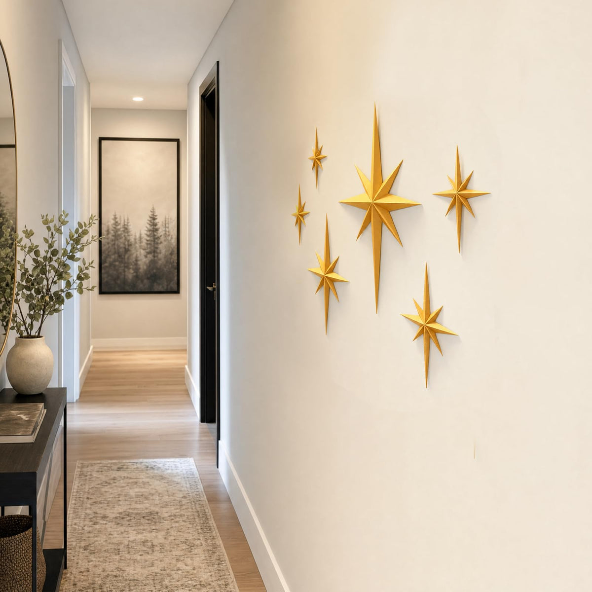 Shudyear 6 Pack Starburst Wall Decor Set, 3D Retro Mid Century Modern Star Wall Art, Gold/Black Plastic Celestial Wall Sculptures for Living Room, Bedroom, Apartment Decor (Gold)