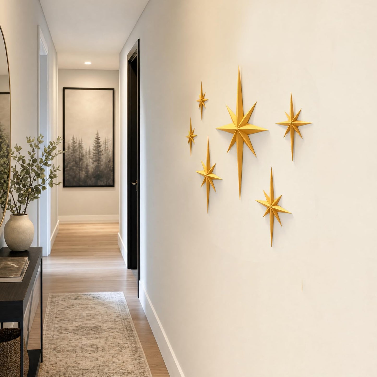 Shudyear 6 Pack Starburst Wall Decor Set, 3D Retro Mid Century Modern Star Wall Art, Gold/Black Plastic Celestial Wall Sculptures for Living Room, Bedroom, Apartment Decor (Gold)