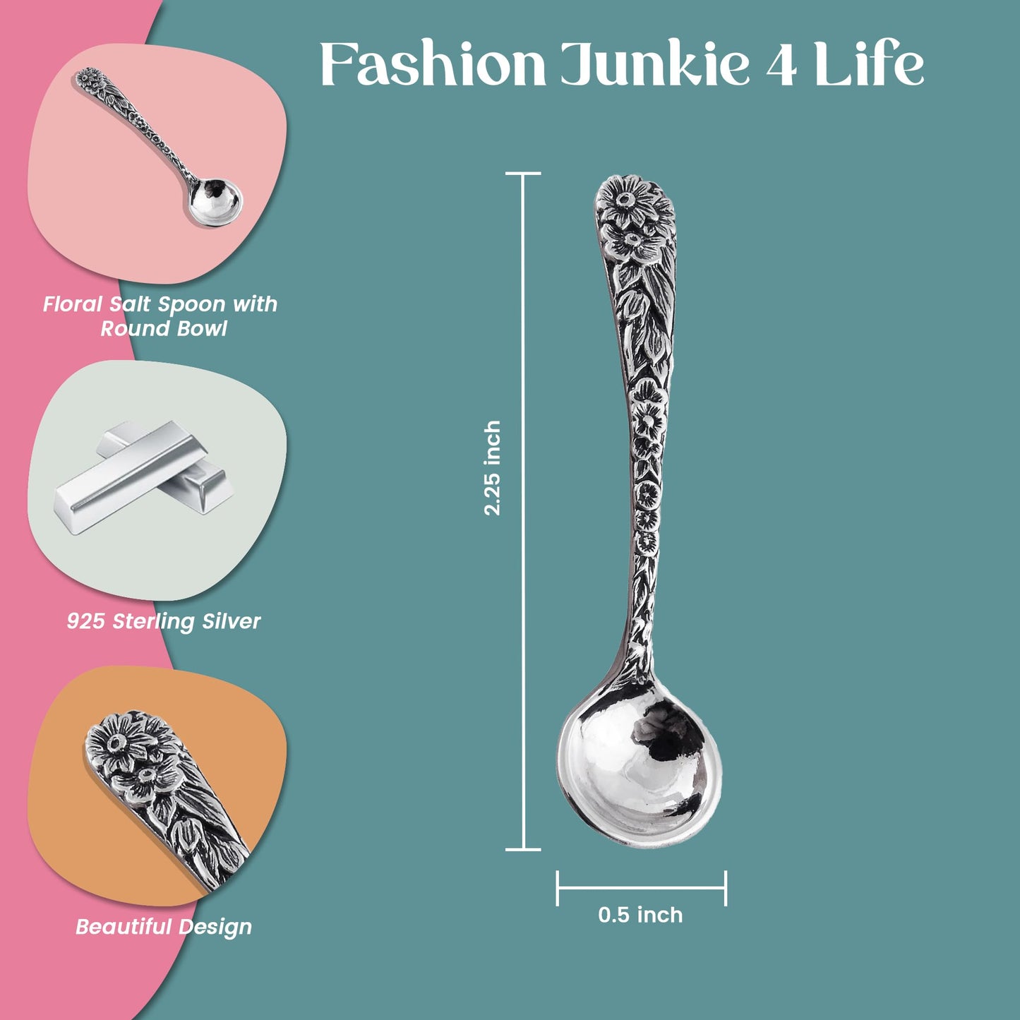 2" Sterling Silver Floral Daisy Salt Spoon or Mustard Spoon, Polished Round Bowl, Flower Design Handle