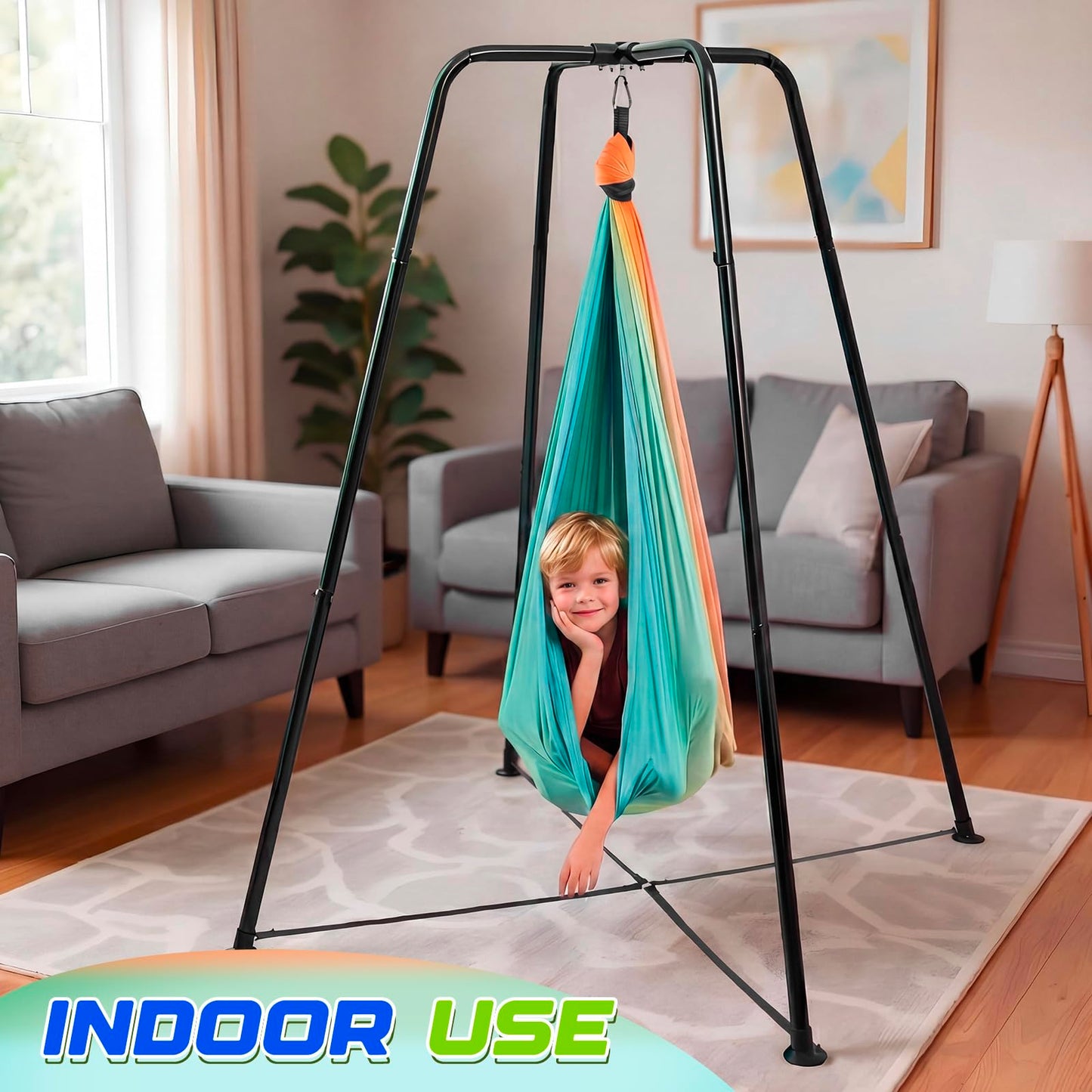 Lingvee Sensory Swing Stand Frame with Pod Chair and Swing Set Kid Heavy Duty Metal Swings Stand Autism Hammock Chair Stands Tree Saucer Round for Adult Indoor Outdoor Backyard Park, Gradient Green