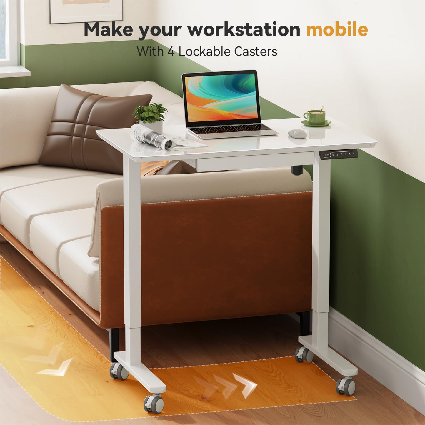 Gibbon Mounts Glass Standing Desk with Drawer, 35×20Inch Whole Piece Height Adjustable Rising Desk, Electric Sit Stand Desk with Wheels, Small Computer Desk, White