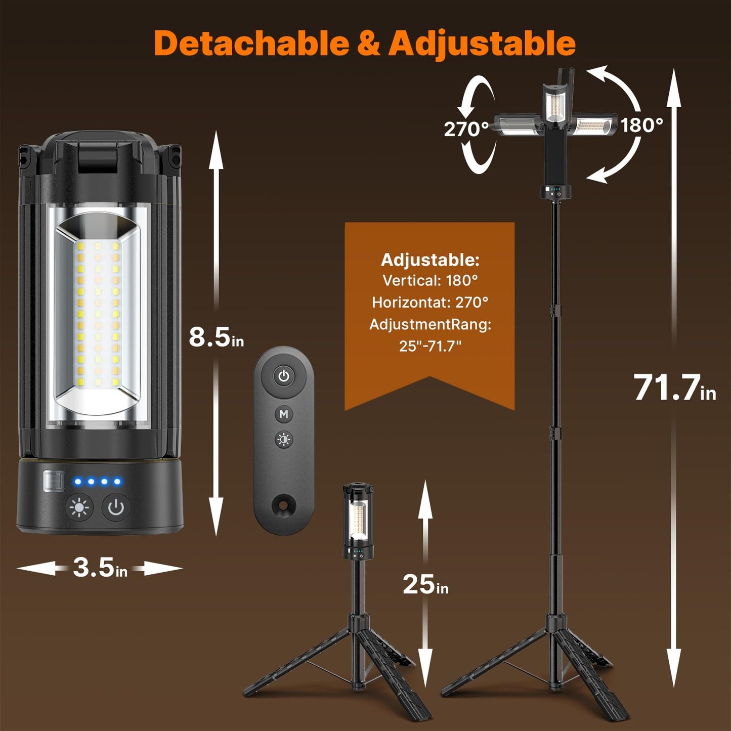 OGERY Camping Lights with Remote, 18000mAh Rechargeable Camping Lantern & LED Work Light, Detachable Tripod Stand up to 6.7 ft, 3 Lamp Heads for Camping Essentials & Emergency, Black