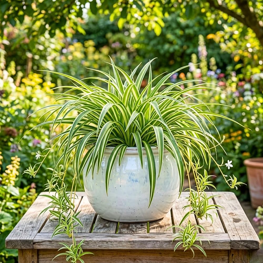Variegated Spider Plant Live, 4-6" Tall in 4" Pot, Chlorophytum Comosum Indoor Houseplant, Variegated Green and White Leaves, Fully Rooted, Suitable Home and Office Decor