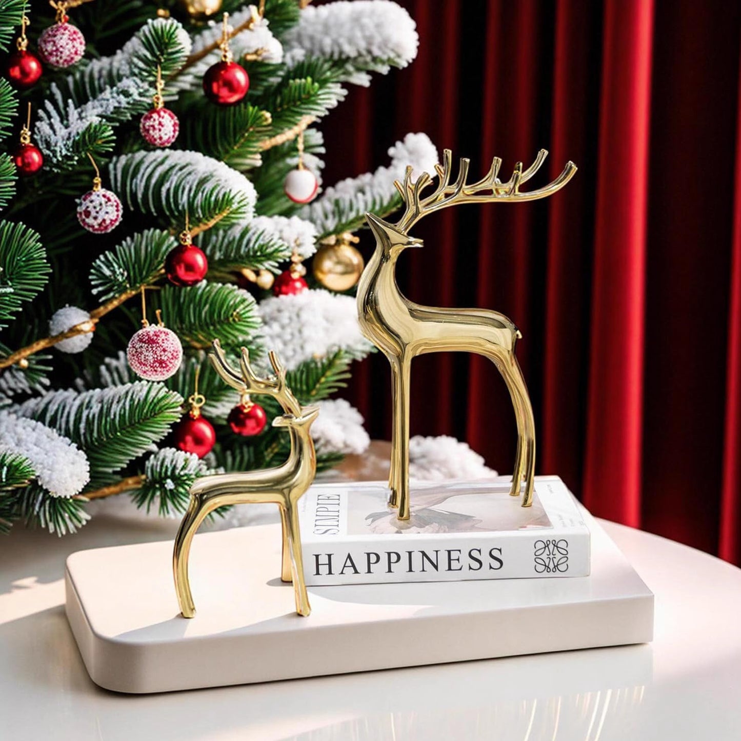 Reindeer Figurine Statues Deluxe Set of 2, Christmas Deer Pure Copper Heavy Reindeer Ornaments for Home Decor Accents Living Room Office Bookself Tabletop Mantle Christmas Decoration, Gold