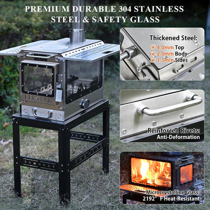 MC TOMOUNT Camping Tent Stove, Ultra-large Capacity Family Wood Burning Stove, Stainless Steel Hot Tent Stove with Stove Frame Base, Portable Wood Stove for 10-30m² Inflatable Tent Bell Canvas Tent