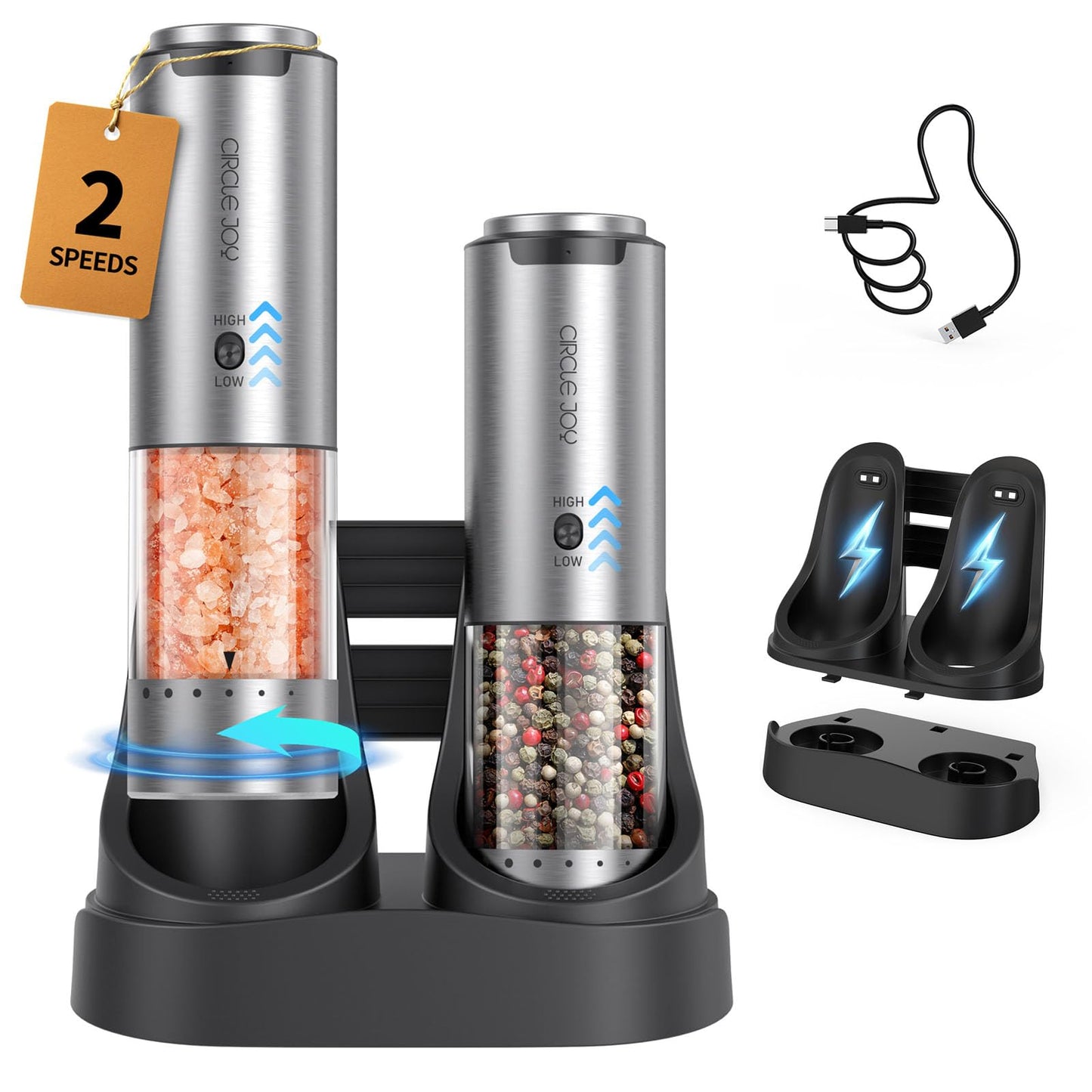 CIRCLE JOY Rechargeable Salt and Pepper Grinder Set Stainless Steel Electric Pepper Grinders with Variable Grinding Speed, External Adjustable Coarseness, Charging Base and White LED Light, Silver