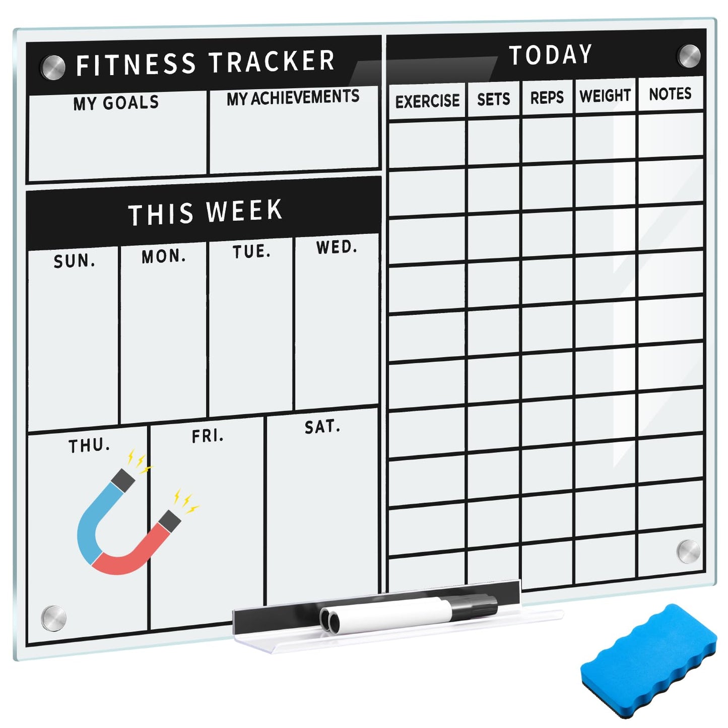 Lincia Glass Dry Erase Whiteboard Fitness Tracker 24 X18 Inch Frameless Mounted Schedule Planner Goal and Task Whiteboard for Home Apartment and Gym Use Marker and Eraser Included