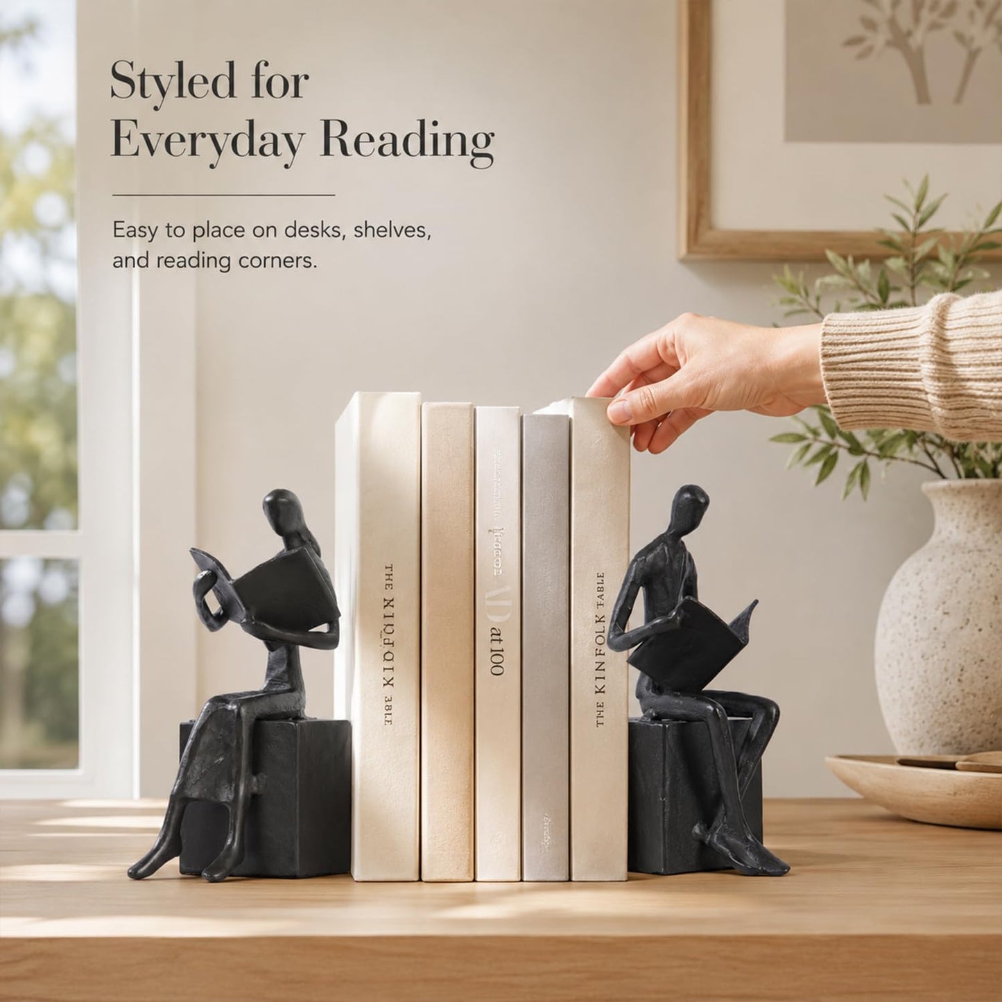 Iron Decorative Bookends for Heavy Books, Black Reading Couple Book Ends Decorative, Metal Thinker Bookends for Shelves Shelf Bookshelf Books Home Office Aesthetic or Book Lovers Gifts