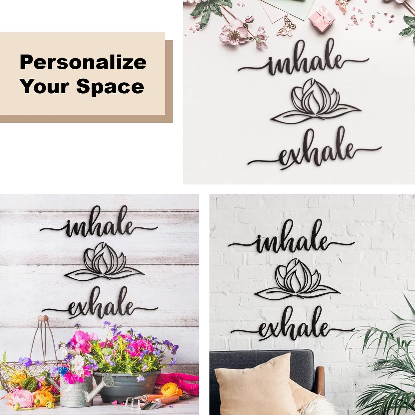 Home Inhale Exhale Wall Art Lotus Flower Metal Zen Large Wall Decor 18"X18" Black Modern Spiritual Yoga Lotus Steel Wall Sign Meditation Bathroom Living Room Shelf Plaque Wall Hanging Decoration Spiritual Inspirational Wall Pediment for Gym Massage Fitnes