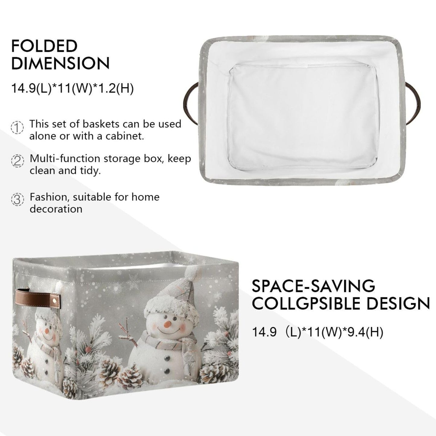 senya Christmas Storage Basket, Snowman Pine Cones Snowflake Foldable Fabric Collapsible Storage Bins Organizer Bag for Storage Clothes