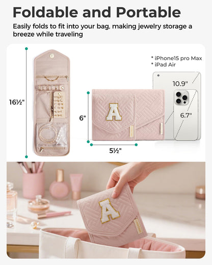 BAGSMART Travel Jewelry Organizer Case A Initial Foldable Jewelry Roll for Journey Rings, Necklaces, Earrings, Bracelets,Mini,Letter A,Soft Pink