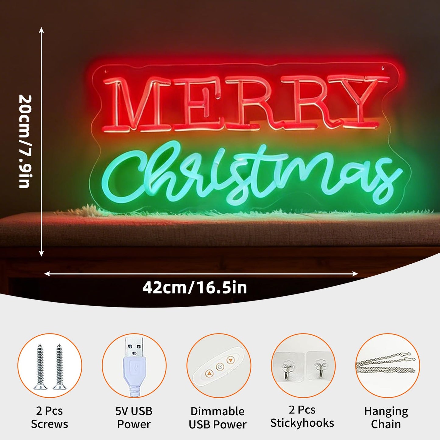 Merry Christmas LED Neon Sign, Dimmable Merry Xmas Decorative Light Holiday Theme Decor for Living Room Bedroom Party Pub Home Wall Table Festive Vibe Light Up Letters Sign, 16.5 x 7.9 In