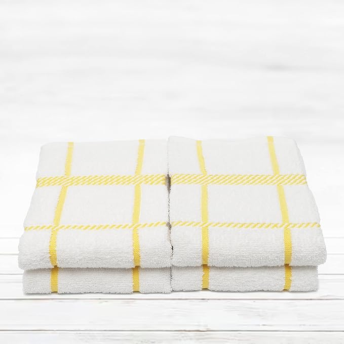 100% Cotton Terry Dish Towels, 4 Pack Checks, 16 x26 Inches, Super Soft and