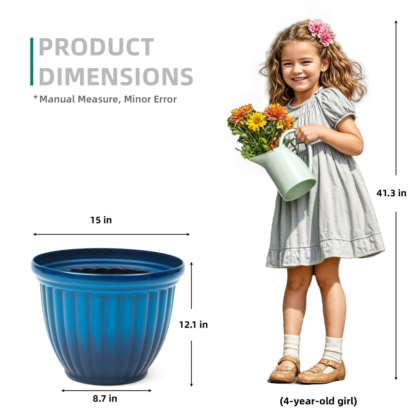 Autodaya 15" Large Flower Pots, Set of 2 Plastic Planters for Outdoor Indoor Plants with 3D Textures, Weather-Resistant for Porch, Garden, Patio or Indoor Use, Gradient Cobalt Blue