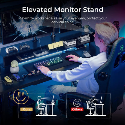GTPLAYER Electric Standing Desk with Drawers, 48 x 24 Inch Height Adjustable Gaming Desk with Monitor Stand, Power Outlets & LED Lights, Home Office Sit Stand Up Desk with Memory Preset (Ebony Black)