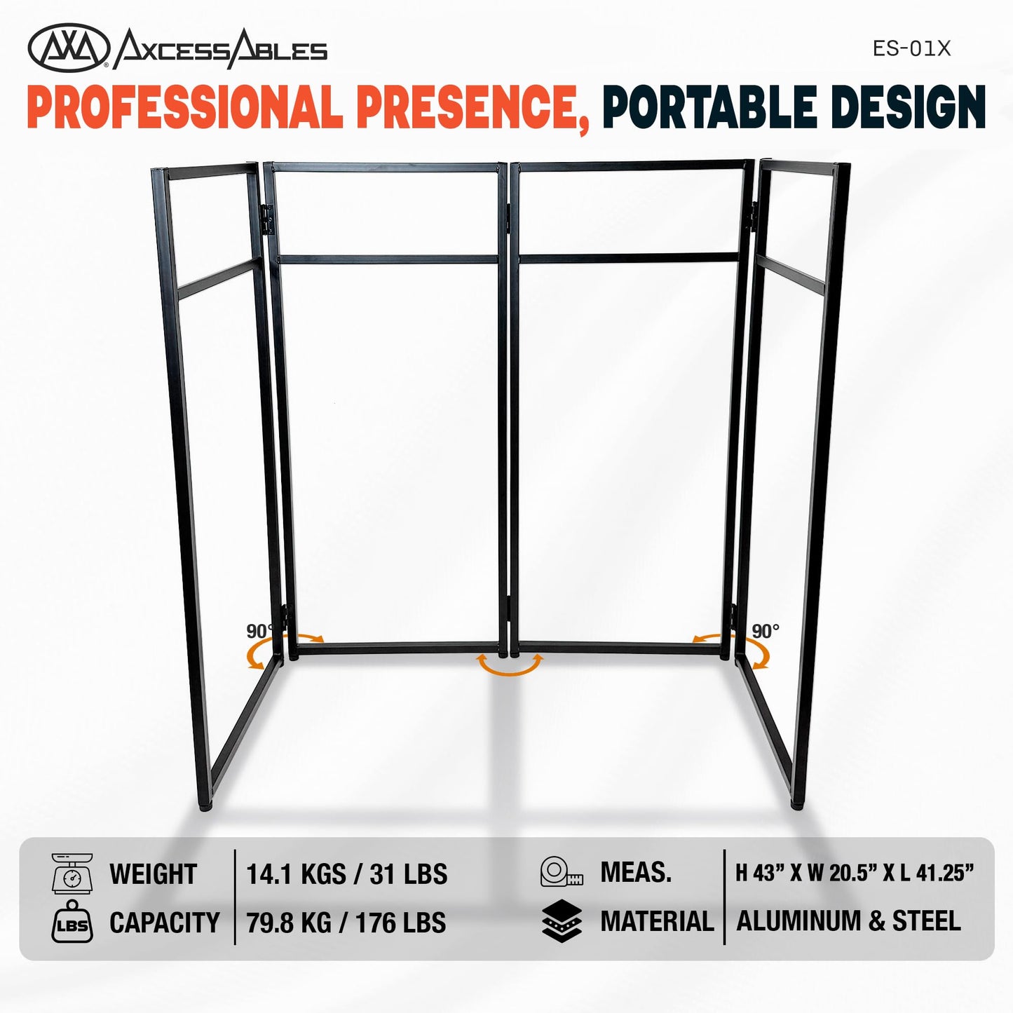 AxcessAbles Portable White DJ Facade Booth with Carry Case – 40" x 20" Tabletop, Steel Frame, and White Scrim | White DJ Table | Event Booth (ES-01X)